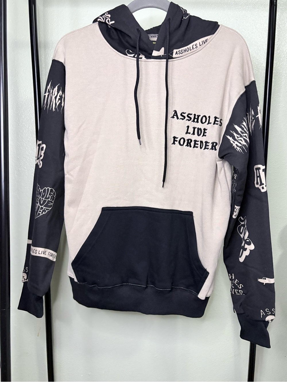 EUC Assholes Live Forever Two Tone Stash Pocket Graphic Pullover Hoodie Size S